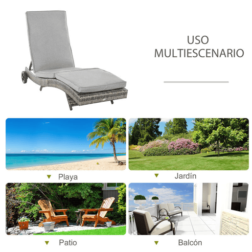Outsunny Espreguiçadeira de Vime Reclinável Espreguiçadeira de Jardim com Forma de S com 2 Rodas Encosto Ajustável em 5 Posições e Almofada Amovível para Pátio Varanda 207x70x70 cm Cinza