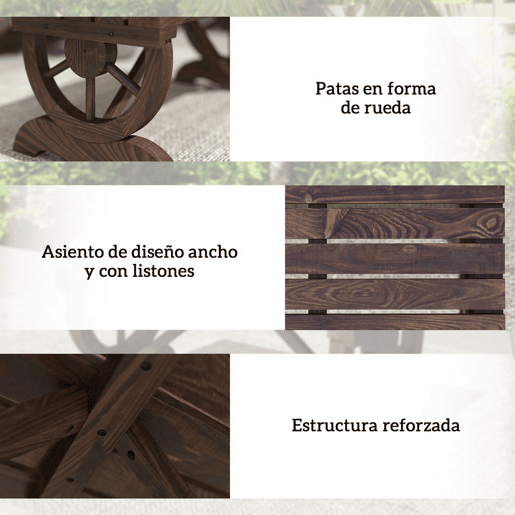 Outsunny Banco de Jardim de 2 Lugares Banco de Madeira com Rodas Decorativas Estilo Rústico Capacidade 250 kg para Pátio Terraço Varanda 98x50x39,5 cm Castanho Rústico