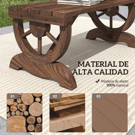 Outsunny Banco de Jardim de 2 Lugares Banco de Madeira com Rodas Decorativas Estilo Rústico Capacidade 250 kg para Pátio Terraço Varanda 98x50x39,5 cm Castanho Rústico