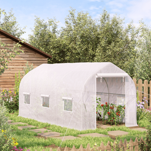 Outsunny Estufa Tipo Túnel 400x200x200cm Estufa de Jardim com 6 Janelas Transpiráveis e Portas Enrolável com Zíper para Cultivo de Plantas e Verduras Branco