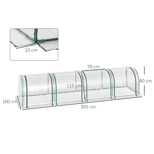 Outsunny Estufa 395x100x80 cm para Jardim Varanda Estufa Pequena para Cultivo de Plantas com 4 Janelas Estrutura de Aço e PVC Transparente e Verde