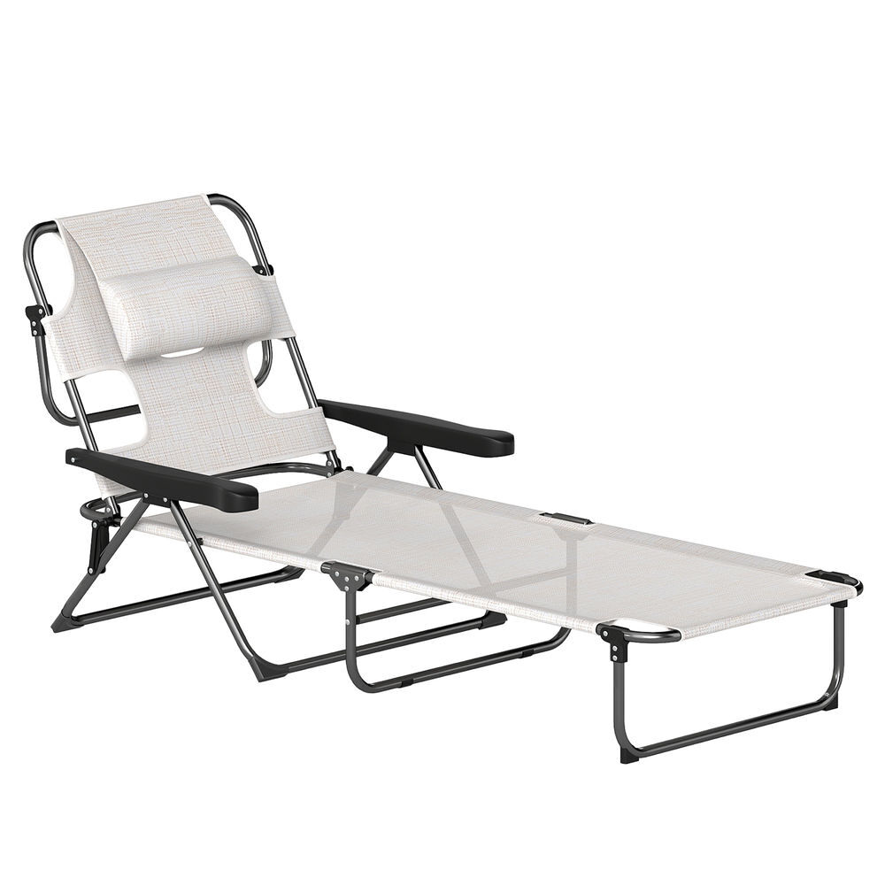 Outsunny tumbona plegable, tumbona jardín exterior con respaldo ajustable en 4 posiciones, orificio de lectura, reposacabezas y brazos, carga 120 kg, para terraza, piscina, 145x72x89 cm, crema