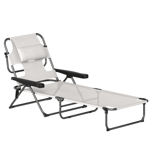 Outsunny Espreguiçadeira Dobrável, Jardim Exterior com Encosto Ajustável em 4 Posições, Orifício de Leitura, Apoio de Cabeça e Braços, 120 kg, para Terraço, Piscina, 145x72x89 cm, Creme