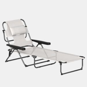 Outsunny Espreguiçadeira Dobrável, Jardim Exterior com Encosto Ajustável em 4 Posições, Orifício de Leitura, Apoio de Cabeça e Braços, 120 kg, para Terraço, Piscina, 145x72x89 cm, Creme