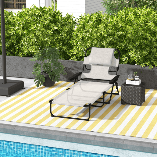 Outsunny Espreguiçadeira Dobrável, Jardim Exterior com Encosto Ajustável em 4 Posições, Orifício de Leitura, Apoio de Cabeça e Braços, 120 kg, para Terraço, Piscina, 145x72x89 cm, Creme