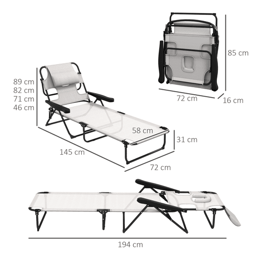 Outsunny Espreguiçadeira Dobrável, Jardim Exterior com Encosto Ajustável em 4 Posições, Orifício de Leitura, Apoio de Cabeça e Braços, 120 kg, para Terraço, Piscina, 145x72x89 cm, Creme