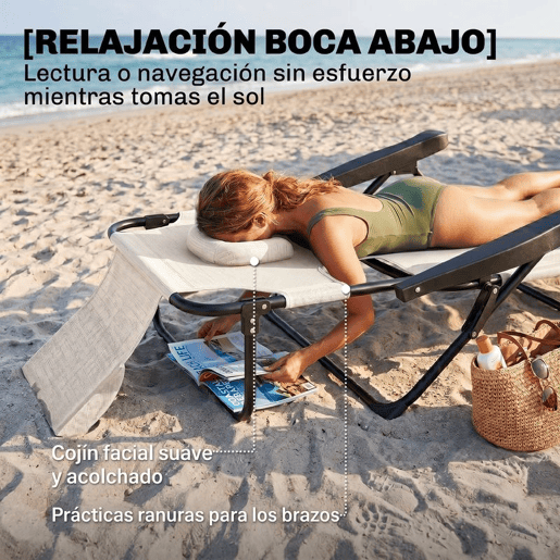 Outsunny Espreguiçadeira Dobrável, Jardim Exterior com Encosto Ajustável em 4 Posições, Orifício de Leitura, Apoio de Cabeça e Braços, 120 kg, para Terraço, Piscina, 145x72x89 cm, Creme