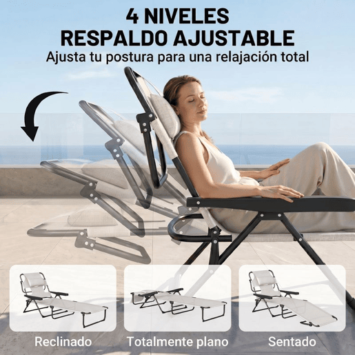 Outsunny Espreguiçadeira Dobrável, Jardim Exterior com Encosto Ajustável em 4 Posições, Orifício de Leitura, Apoio de Cabeça e Braços, 120 kg, para Terraço, Piscina, 145x72x89 cm, Creme