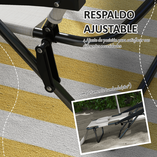 Outsunny Espreguiçadeira Dobrável, Jardim Exterior com Encosto Ajustável em 4 Posições, Orifício de Leitura, Apoio de Cabeça e Braços, 120 kg, para Terraço, Piscina, 145x72x89 cm, Creme