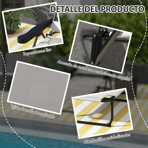 Outsunny Espreguiçadeira Dobrável, Jardim Exterior com Encosto Ajustável em 4 Posições, Orifício de Leitura, Apoio de Cabeça e Braços, 120 kg, para Terraço, Piscina, 145x72x89 cm, Creme