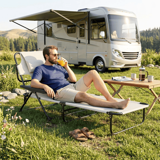 Outsunny Espreguiçadeira Dobrável, Jardim Exterior com Encosto Ajustável em 4 Posições, Orifício de Leitura, Apoio de Cabeça e Braços, 120 kg, para Terraço, Piscina, 145x72x89 cm, Creme
