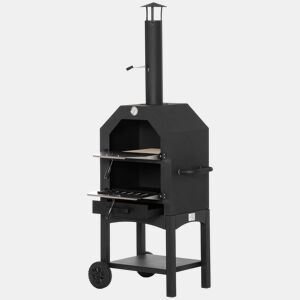 Outsunny Forno de Pizza Exterior com 2 Camadas Forno a Lenha com Rodas Gaveta Removível Prateleira de Armazenamento para Terraço Campismo Jardim 64x54x160 cm Preto