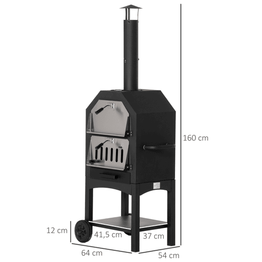 Outsunny Forno de Pizza Exterior com 2 Camadas Forno a Lenha com Rodas Gaveta Removível Prateleira de Armazenamento para Terraço Campismo Jardim 64x54x160 cm Preto