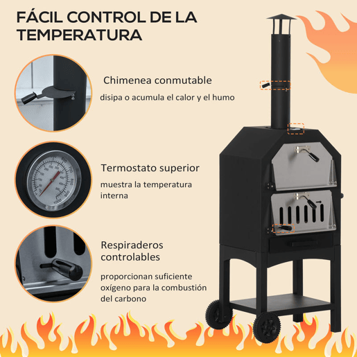 Outsunny Forno de Pizza Exterior com 2 Camadas Forno a Lenha com Rodas Gaveta Removível Prateleira de Armazenamento para Terraço Campismo Jardim 64x54x160 cm Preto