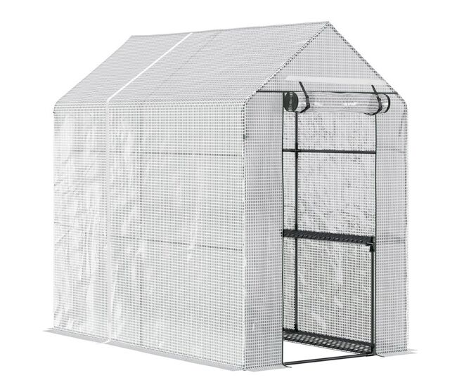 Outsunny invernadero de jardín tipo caseta invernadero de exterior con 2 niveles 2 estantes puerta enrollable marco de acero y cubierta de pe 140g/㎡ para cultivos plantas macetas 120x186x190 cm blanco