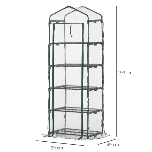 Outsunny Estufa de Jardim Vertical 69x49x193cm com 5 Prateleiras Estufa para Plantas e Cultivos com Cobertura Transparente e Verde de PVC e Aço Preto