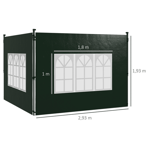 Outsunny Conjunto de 2 Paredes Laterais para Tendas de 3x3m e 3x6m Paredes Laterais para Tendas com Janelas Transparentes 293x193cm Verde Escuro