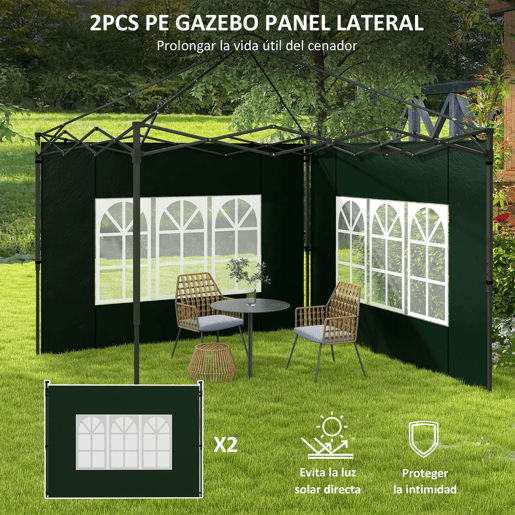 Outsunny Conjunto de 2 Paredes Laterais para Tendas de 3x3m e 3x6m Paredes Laterais para Tendas com Janelas Transparentes 293x193cm Verde Escuro