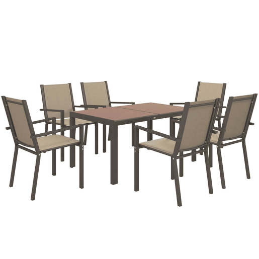 Outsunny Conjunto de Mesa e Cadeiras de Jardim, 7 Peças, Mobiliário de Exterior com 6 Cadeiras Empilháveis e Mesa com Tampo em Madeira Plástica e Estrutura em Aço, para Terraço ou Pátio, Bege e Castanho