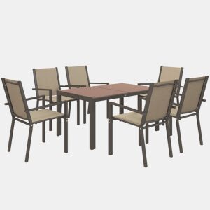 Outsunny Conjunto de Mesa e Cadeiras de Jardim, 7 Peças, Mobiliário de Exterior com 6 Cadeiras Empilháveis e Mesa com Tampo em Madeira Plástica e Estrutura em Aço, para Terraço ou Pátio, Bege e Castanho
