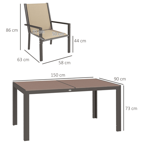 Outsunny Conjunto de Mesa e Cadeiras de Jardim, 7 Peças, Mobiliário de Exterior com 6 Cadeiras Empilháveis e Mesa com Tampo em Madeira Plástica e Estrutura em Aço, para Terraço ou Pátio, Bege e Castanho