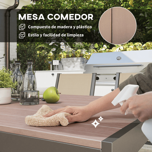 Outsunny Conjunto de Mesa e Cadeiras de Jardim, 7 Peças, Mobiliário de Exterior com 6 Cadeiras Empilháveis e Mesa com Tampo em Madeira Plástica e Estrutura em Aço, para Terraço ou Pátio, Bege e Castanho