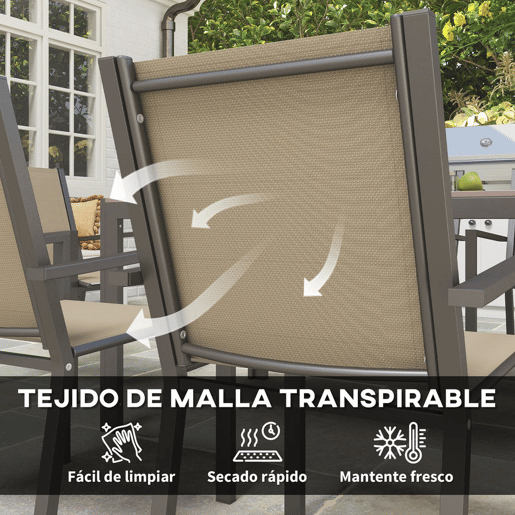 Outsunny Conjunto de Mesa e Cadeiras de Jardim, 7 Peças, Mobiliário de Exterior com 6 Cadeiras Empilháveis e Mesa com Tampo em Madeira Plástica e Estrutura em Aço, para Terraço ou Pátio, Bege e Castanho