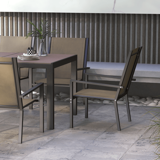 Outsunny Conjunto de Mesa e Cadeiras de Jardim, 7 Peças, Mobiliário de Exterior com 6 Cadeiras Empilháveis e Mesa com Tampo em Madeira Plástica e Estrutura em Aço, para Terraço ou Pátio, Bege e Castanho