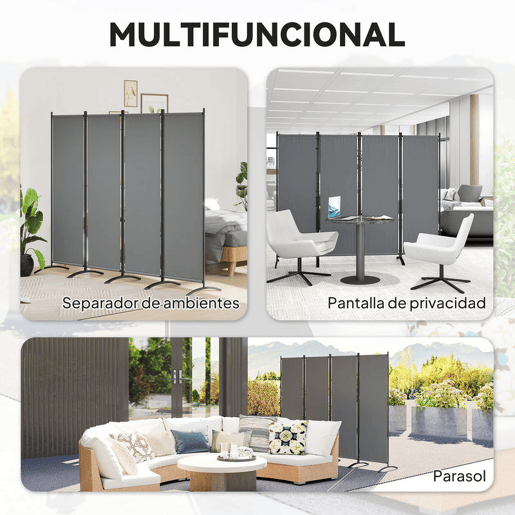 Outsunny Biombo Separador de Ambientes de 4 Painéis Biombo Dobrável 221x172 cm com Pés Largos Biombo Exterior para Terraço Pátio Jardim Cinza Escuro