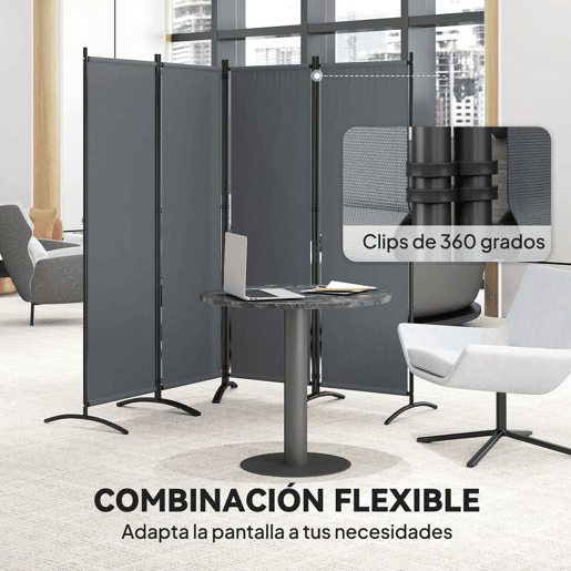 Outsunny Biombo Separador de Ambientes de 4 Painéis Biombo Dobrável 221x172 cm com Pés Largos Biombo Exterior para Terraço Pátio Jardim Cinza Escuro