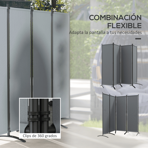 Outsunny Biombo Separador de Ambientes de 4 Painéis Biombo Dobrável 221x172 cm com Pés Largos Biombo Exterior para Terraço Pátio Jardim Cinza Escuro