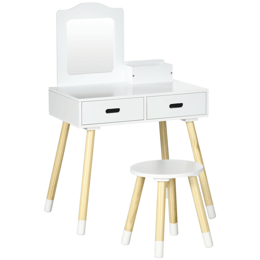 ZONEKIZ Toucador Infantil Toucador de Madeira Infantil com Banco Espelho e 2 Gavetas Brinquedo Educativo para Crianças de 3-6 Anos 60x40x95cm Branco