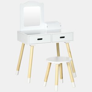 ZONEKIZ Toucador Infantil Toucador de Madeira Infantil com Banco Espelho e 2 Gavetas Brinquedo Educativo para Crianças de 3-6 Anos 60x40x95cm Branco