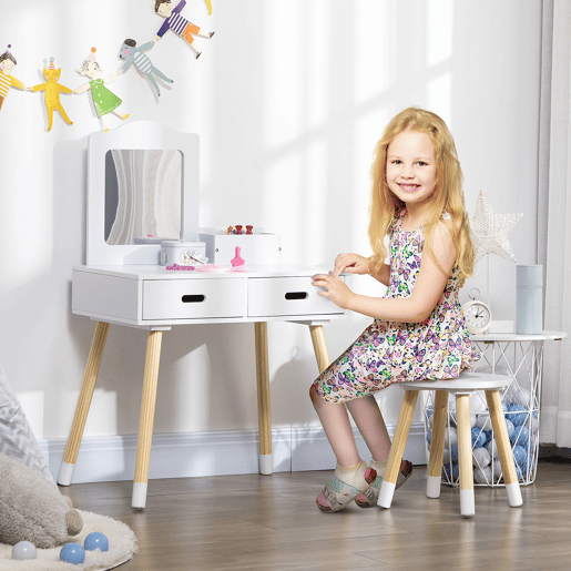 ZONEKIZ Toucador Infantil Toucador de Madeira Infantil com Banco Espelho e 2 Gavetas Brinquedo Educativo para Crianças de 3-6 Anos 60x40x95cm Branco