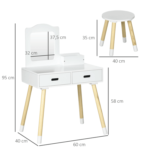 ZONEKIZ Toucador Infantil Toucador de Madeira Infantil com Banco Espelho e 2 Gavetas Brinquedo Educativo para Crianças de 3-6 Anos 60x40x95cm Branco