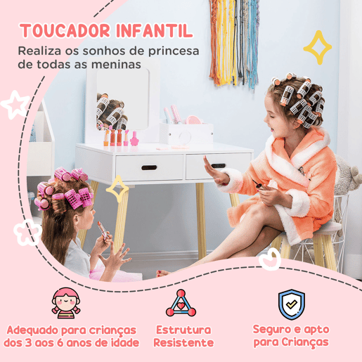 ZONEKIZ Toucador Infantil Toucador de Madeira Infantil com Banco Espelho e 2 Gavetas Brinquedo Educativo para Crianças de 3-6 Anos 60x40x95cm Branco