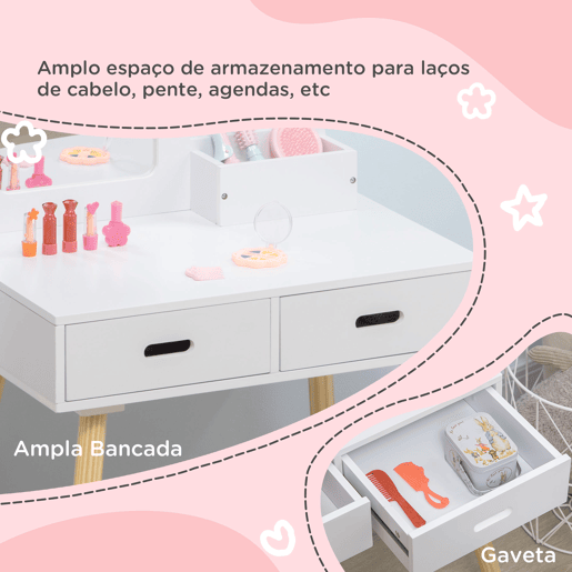 ZONEKIZ Toucador Infantil Toucador de Madeira Infantil com Banco Espelho e 2 Gavetas Brinquedo Educativo para Crianças de 3-6 Anos 60x40x95cm Branco
