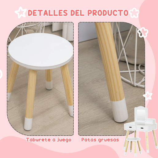 ZONEKIZ Toucador Infantil Toucador de Madeira Infantil com Banco Espelho e 2 Gavetas Brinquedo Educativo para Crianças de 3-6 Anos 60x40x95cm Branco