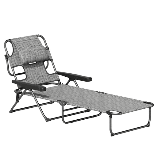 Outsunny Espreguiçadeira Dobrável para Jardim com Encosto Ajustável em 4 Posições, Orifício de Leitura, Apoio para Cabeça e Braços, Suporta 120 kg, para Terraço e Piscina, 145x72x89 cm, Cinzento