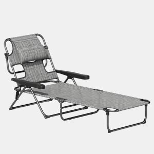 Outsunny Espreguiçadeira Dobrável para Jardim com Encosto Ajustável em 4 Posições, Orifício de Leitura, Apoio para Cabeça e Braços, Suporta 120 kg, para Terraço e Piscina, 145x72x89 cm, Cinzento
