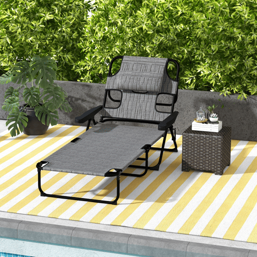 Outsunny Espreguiçadeira Dobrável para Jardim com Encosto Ajustável em 4 Posições, Orifício de Leitura, Apoio para Cabeça e Braços, Suporta 120 kg, para Terraço e Piscina, 145x72x89 cm, Cinzento