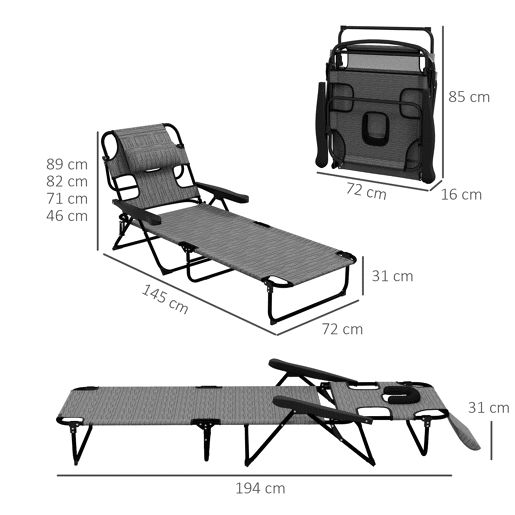 Outsunny Espreguiçadeira Dobrável para Jardim com Encosto Ajustável em 4 Posições, Orifício de Leitura, Apoio para Cabeça e Braços, Suporta 120 kg, para Terraço e Piscina, 145x72x89 cm, Cinzento