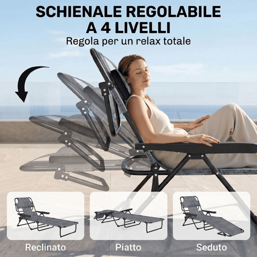 Outsunny Espreguiçadeira Dobrável para Jardim com Encosto Ajustável em 4 Posições, Orifício de Leitura, Apoio para Cabeça e Braços, Suporta 120 kg, para Terraço e Piscina, 145x72x89 cm, Cinzento