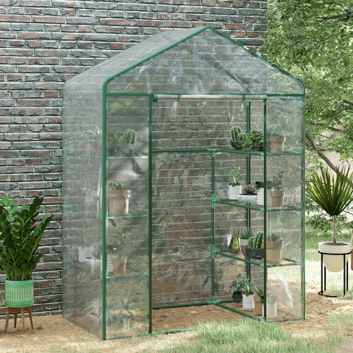 Outsunny Estufa de Jardim Estufa para Cultivo de Plantas com 8 Prateleiras Cobertura de PVC e Estrutura de Aço 143x73x195 cm Transparente e Verde