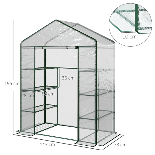 Outsunny Estufa de Jardim Estufa para Cultivo de Plantas com 8 Prateleiras Cobertura de PVC e Estrutura de Aço 143x73x195 cm Transparente e Verde