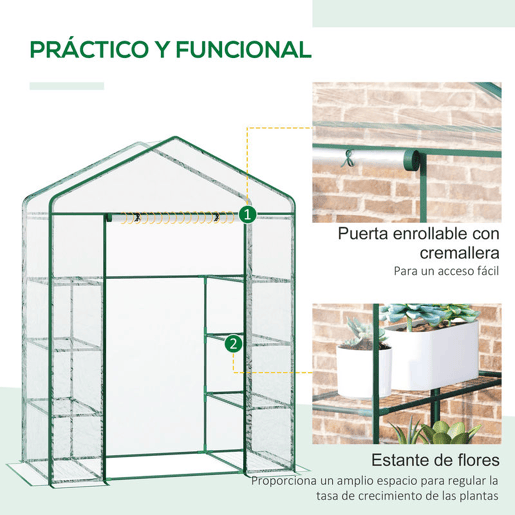 Outsunny Estufa de Jardim Estufa para Cultivo de Plantas com 8 Prateleiras Cobertura de PVC e Estrutura de Aço 143x73x195 cm Transparente e Verde