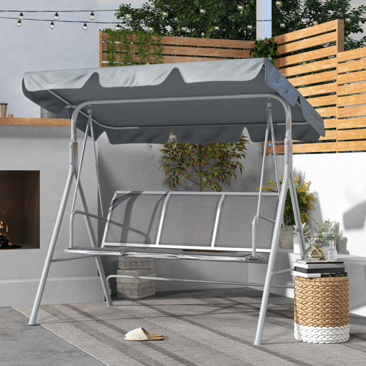 Outsunny Baloiço de Jardim Exterior de 3 Lugares com Toldo Ajustável, Encosto Respirável e Estrutura Metálica para Terraço e Varanda, Suporta até 240 kg, 171x108x154 cm, Cinzento