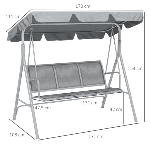 Outsunny Baloiço de Jardim Exterior de 3 Lugares com Toldo Ajustável, Encosto Respirável e Estrutura Metálica para Terraço e Varanda, Suporta até 240 kg, 171x108x154 cm, Cinzento