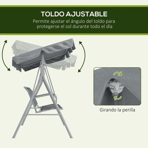 Outsunny Baloiço de Jardim Exterior de 3 Lugares com Toldo Ajustável, Encosto Respirável e Estrutura Metálica para Terraço e Varanda, Suporta até 240 kg, 171x108x154 cm, Cinzento