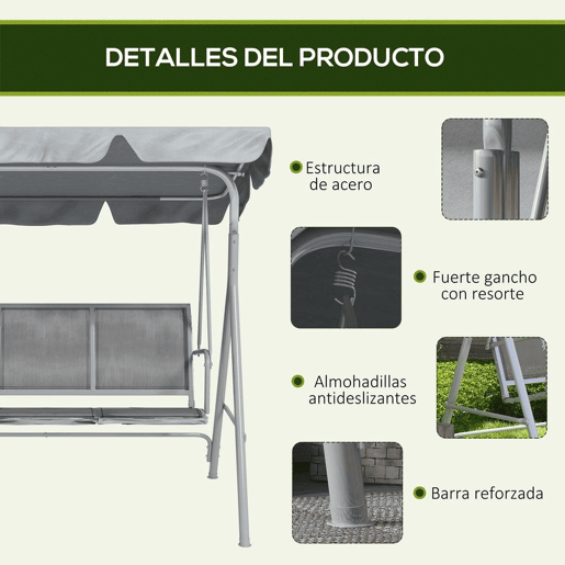 Outsunny Baloiço de Jardim Exterior de 3 Lugares com Toldo Ajustável, Encosto Respirável e Estrutura Metálica para Terraço e Varanda, Suporta até 240 kg, 171x108x154 cm, Cinzento